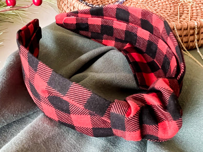 Red and Black Buffalo Check Knot Headband Fashion Hair Accessory for Women, Comfortable Lightweight - One Size Fits Most